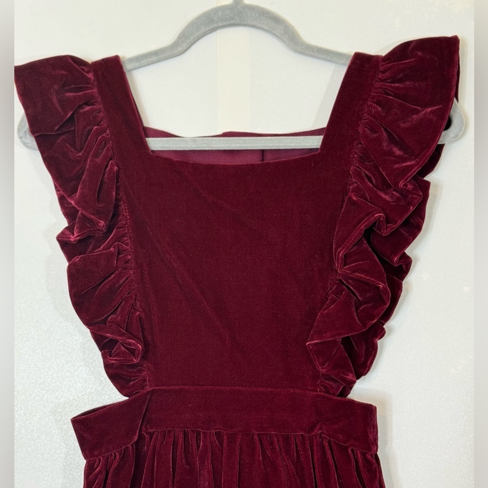 Frilly Velvet Apron‎ Pinafore Dress-Burgundy Red-XS/S - Picture 8 of 15
